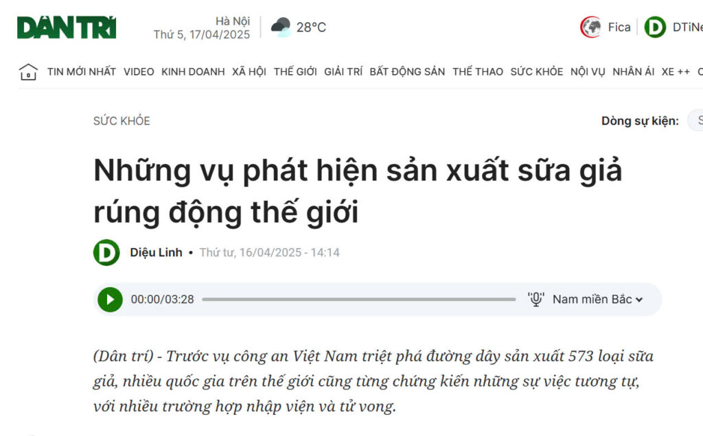 Trong thời gian vừa qua, hàng loạt các trang thông tin báo chí chính thống, uy tín đưa tin về việc phát hiện 600 sản phẩm sữa giả gây xôn xao dư luận. (Nguồn: Báo Dân Trí)